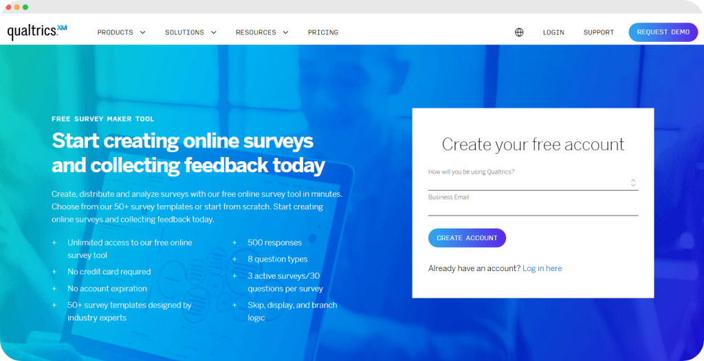 Qualtrics webpage showcasing a free survey maker tool with highlighted features and a sign-up form.