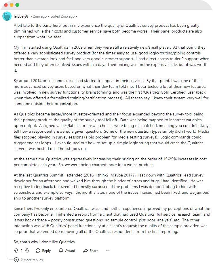 Qualtrics review: declining product quality.