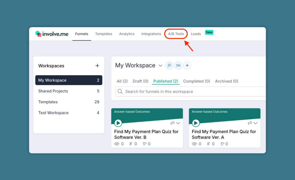 A/B test using involve.me.