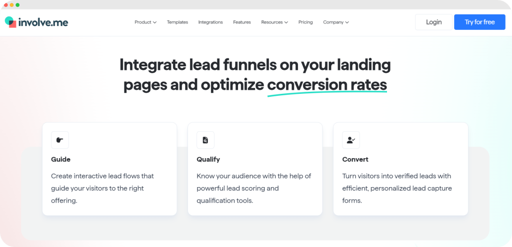 Involve.me - lead funnels integration landing page.