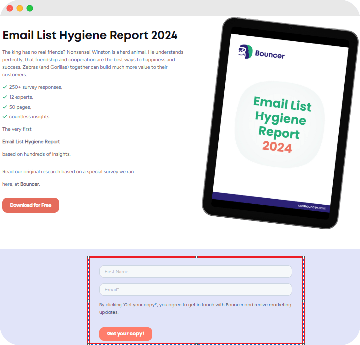 Bouncer’s “Email List Hygiene Report 2024” cover shown on a tablet, highlighting key insights and offering a free download.