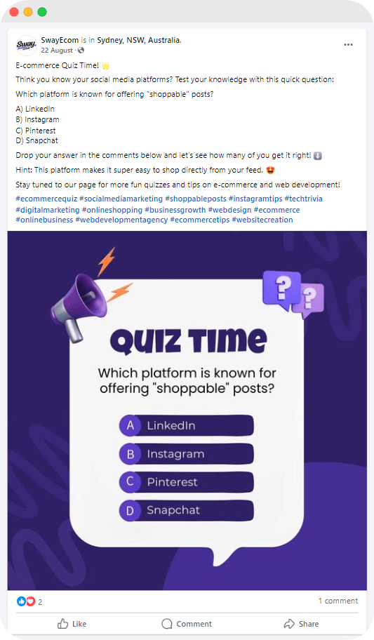 Social media quiz post from SwayEcom asking which platform offers "shoppable" posts, with answer choices listed.