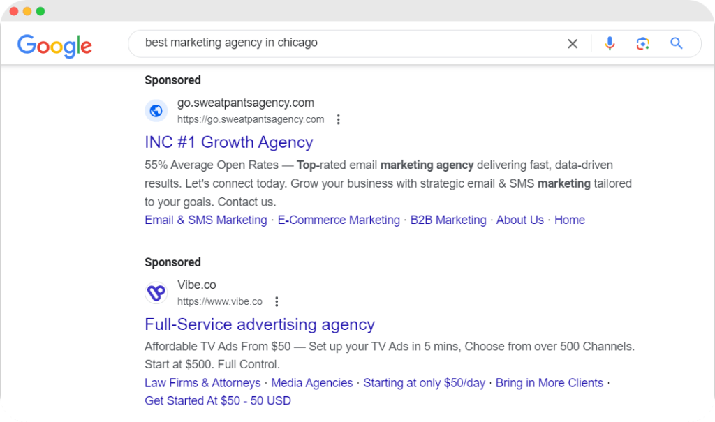 Sponsored Google search results for "best marketing agency in Chicago," highlighting two agency ads.
