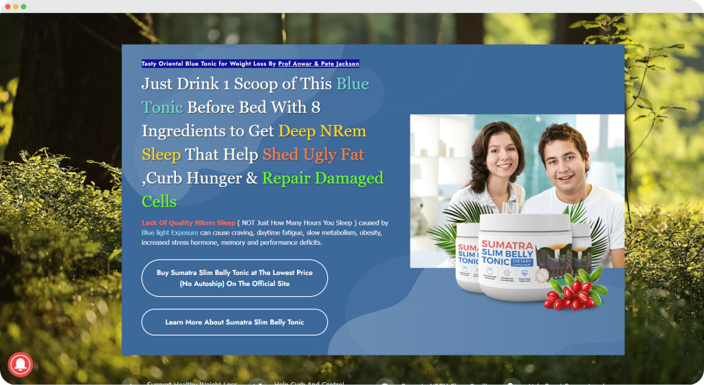 Advertisement for Sumatra Slim Belly Tonic with a colorful headline promoting its health benefits for weight loss.