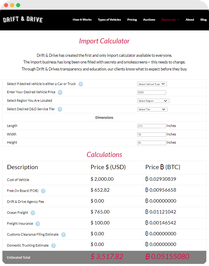 Drift & Drive’s import calculator interface showing vehicle import cost estimates in both USD and BTC.