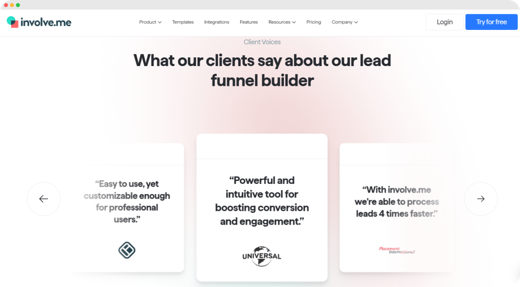Client testimonials on involve.me's website, showcasing customer feedback on their lead funnel builder tool.
