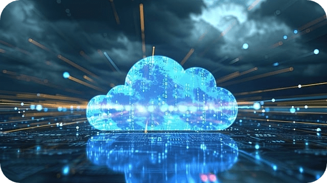 Futuristic depiction of a glowing digital cloud with rays and data points, symbolizing cloud computing or digital storage.