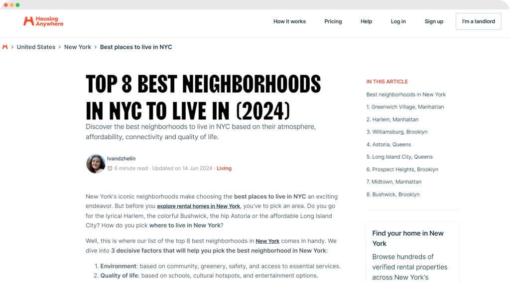 Housing Anywhere's post on best neighborhoods in NYC.