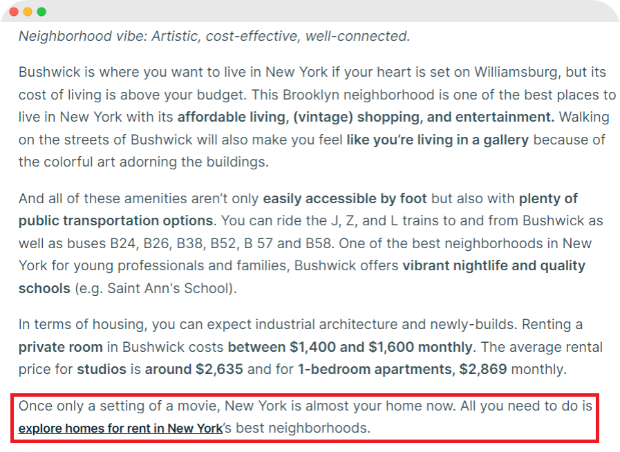 A highlighted text about Bushwick’s lifestyle, cost of living, and accessibility in a New York neighborhood guide.