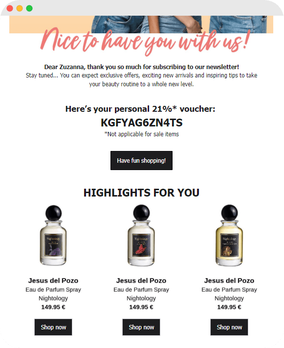 A welcome message for a new subscriber with a 21% discount voucher code and featured perfume products.