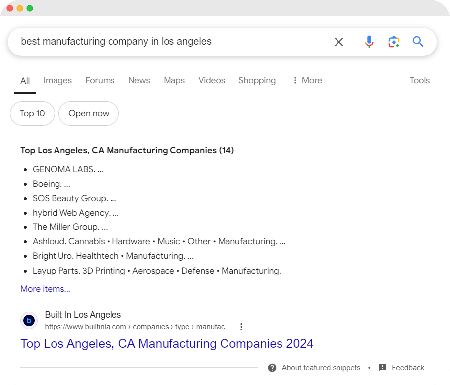 Google search results for "best manufacturing company in Los Angeles," listing top companies in the area.