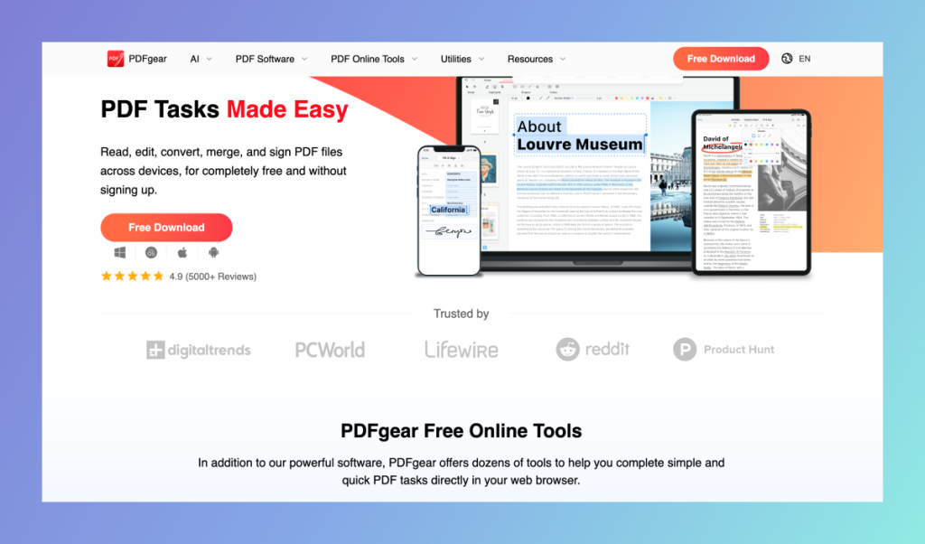 PDFgear homepage screenshot.