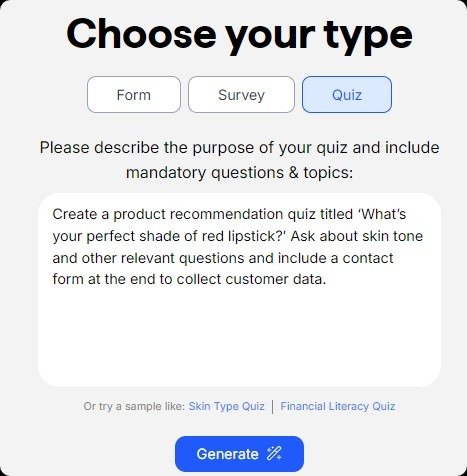 Create AI Product Recommendation Quizzes.