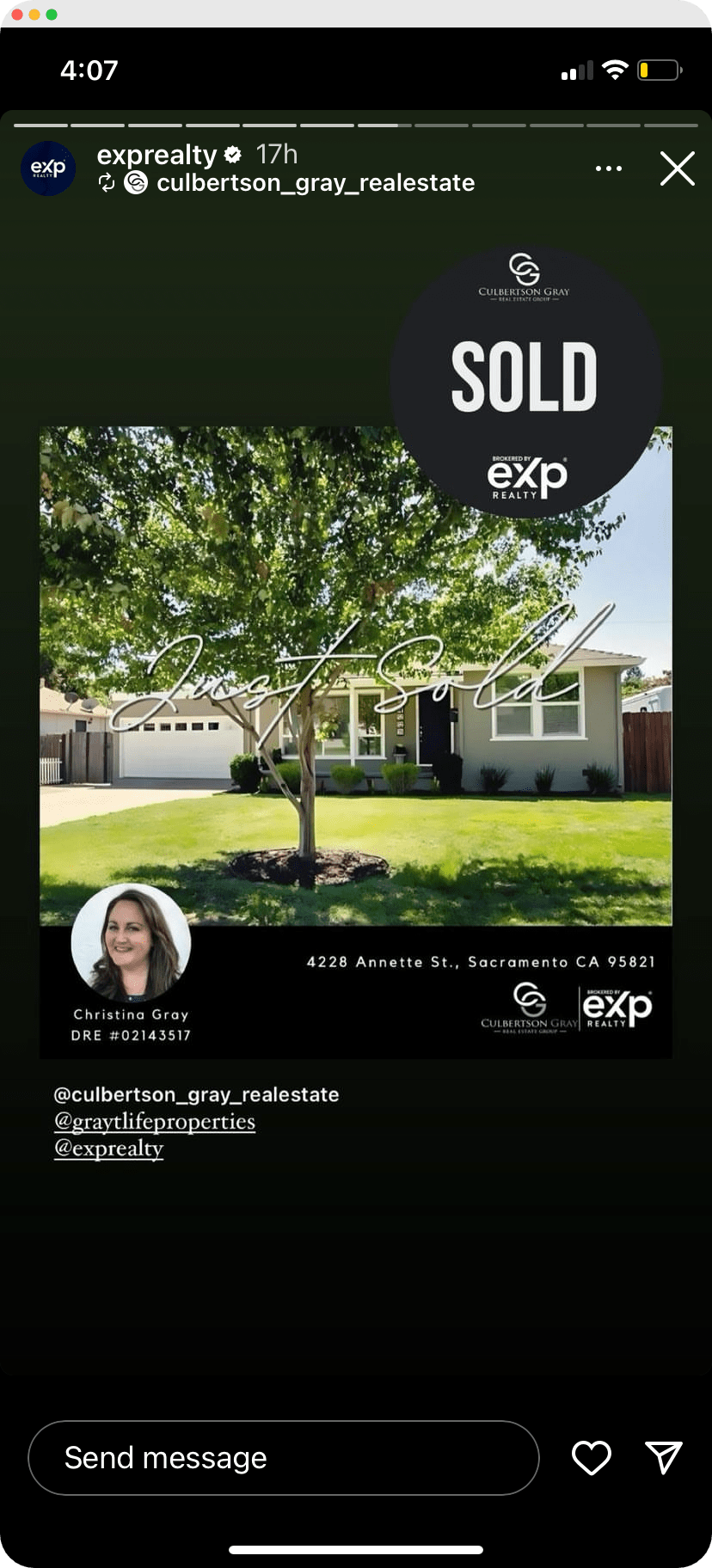 Instagram story post by expRealty showing a sold home with property details and realtor contact information.