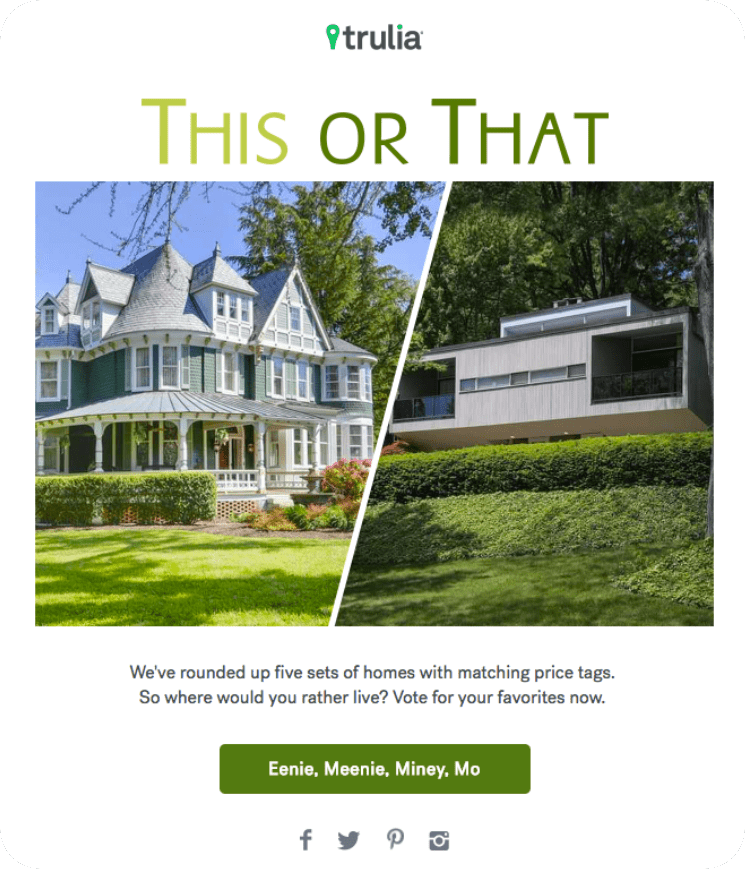 A Trulia promotional image titled "This or That," featuring two houses side-by-side—a classic Victorian-style house on the left and a modern, minimalist house on the right—prompting viewers to choose which they prefer.