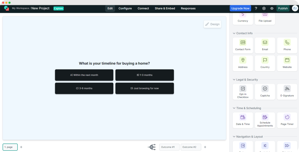 An interactive quiz screen asking users about their timeline for purchasing a home, with options ranging from "Within the next month" to "Just browsing for now.".