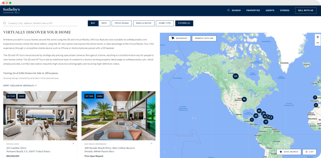 Sotheby’s website interface showcasing a VR home tour feature, allowing potential buyers to explore luxury homes online.