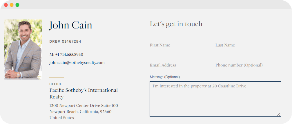 A contact section for John Cain, a real estate agent with Sotheby's International Realty, featuring his photo, contact details.
