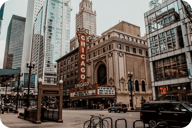The iconic Chicago Theater marquee in downtown Chicago.