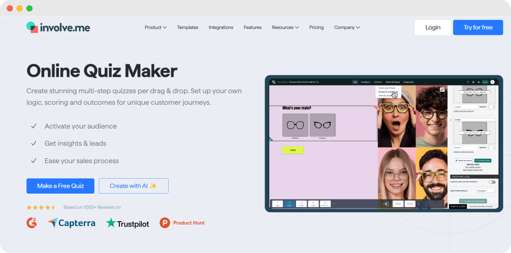 involve.me’s website showcasing its online quiz maker tool with drag-and-drop functionality for creating interactive quizzes.