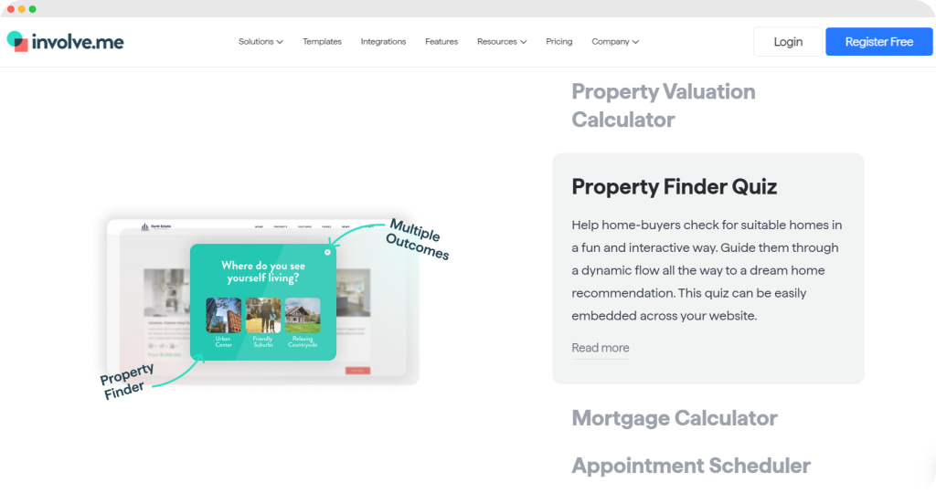 involve.me’s “Property Finder Quiz” feature, offering an interactive quiz to guide users in choosing their ideal property type.