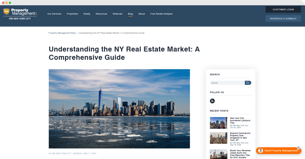 Property Management Inc. blog post titled “Understanding the NY Real Estate Market” with an image of the New York City skyline.