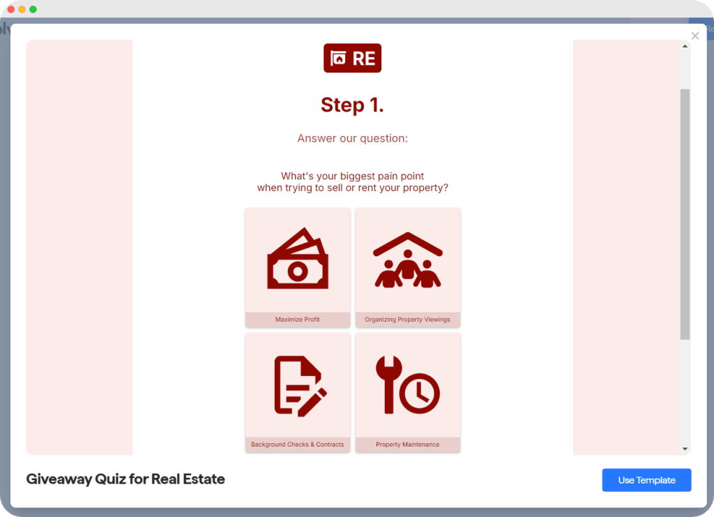 Real estate quiz asking users about their biggest pain points in selling or renting a property, with options like maximizing profit and property maintenance.