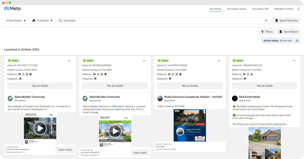 Meta Ads Library showing a selection of active real estate ads with property listings, agents, and ad details.