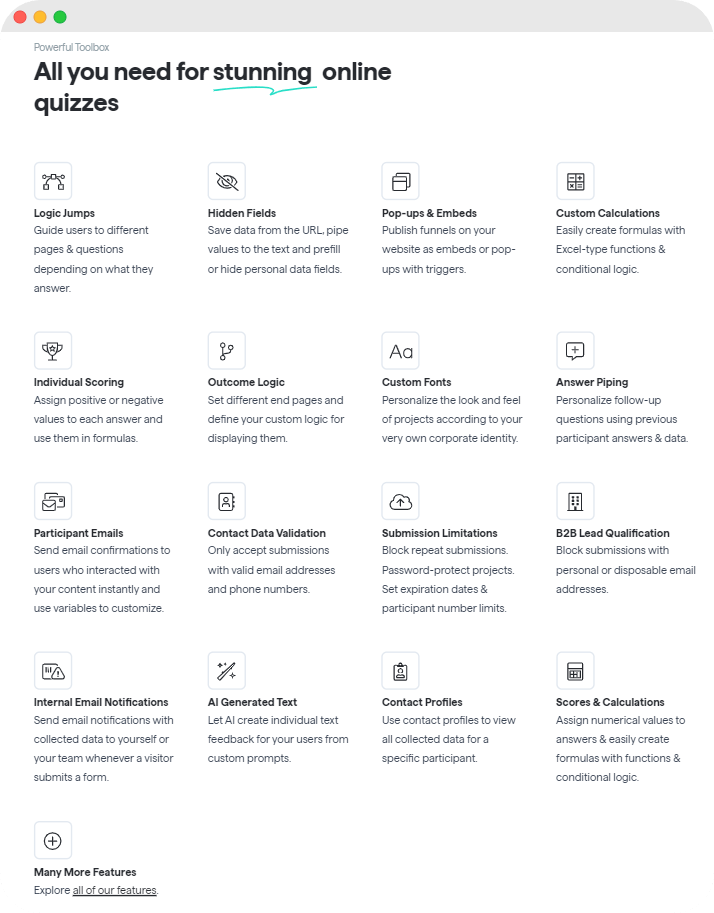 Feature list of tools for creating online quizzes, highlighting customization options like logic jumps, custom calculations, and AI-generated text.