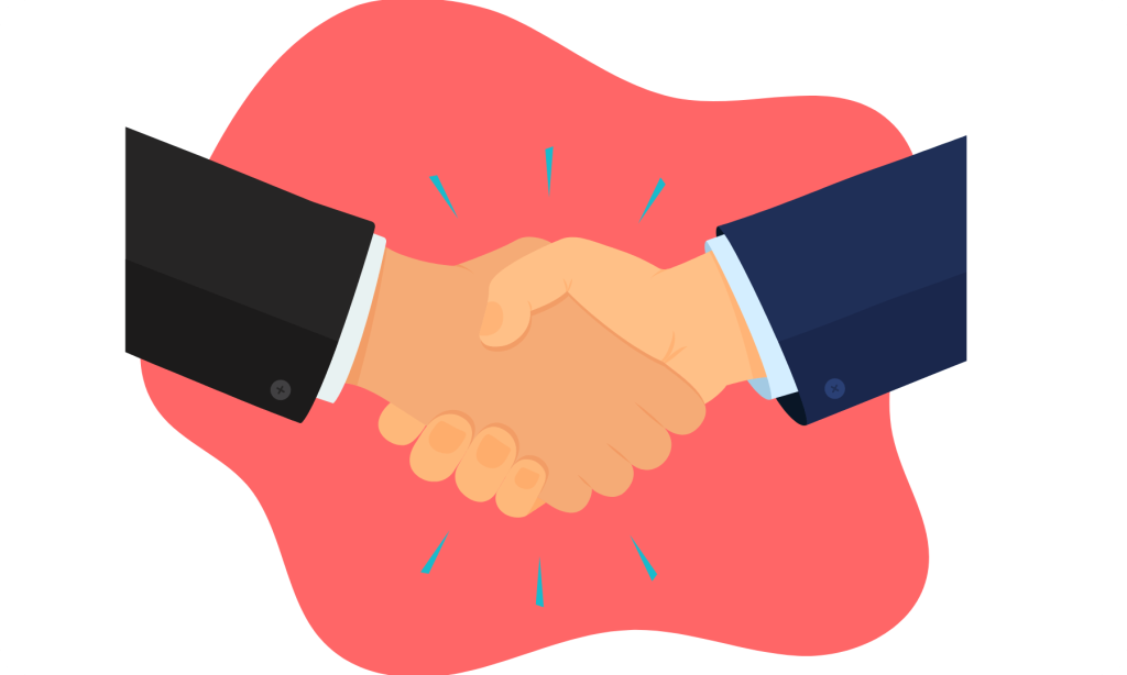 Cartoon-style illustration of a handshake between two people in suits.