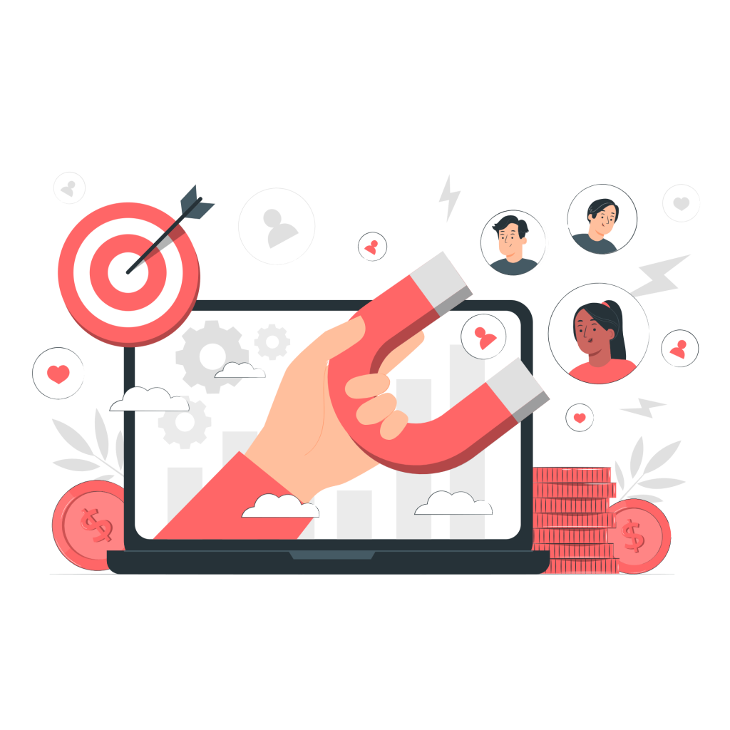 A hand holding a magnet attracting digital leads with a target icon.